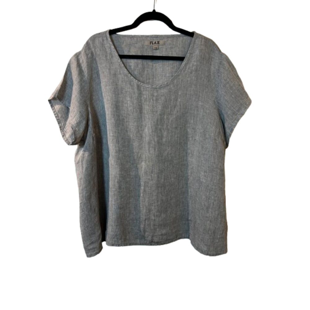 Flax Light Gray Linen Scoop Neck Short Sleeve Top 1G/XL